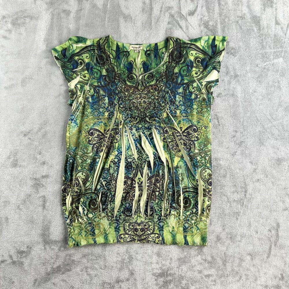 One World Tunic Top Womens XL Green Butterfly Embellished Fairycore Boho Y2K